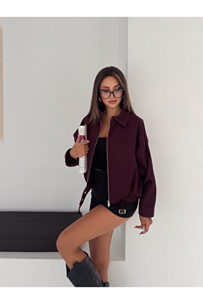 RosePearl Kadın Fermuarlı Düşük Omuz Oversize Bomber Ceket