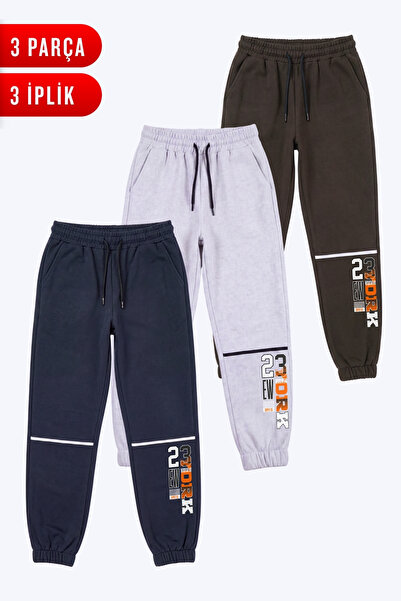 FYK KİDS Boys' 3-Piece Striped Detailed Printed Double Pocket Sweatpants