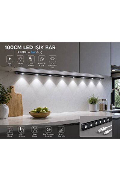 kialed Sensörlü Şarjlı 3 Farklı Işık Renkli Dimmerli 100 cm Siyah 7 Ledli