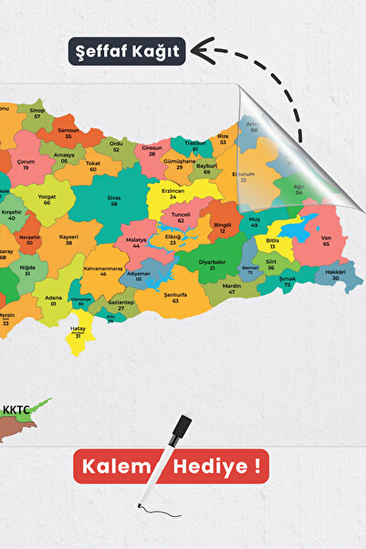 Pi Papers Şeffaf Renkli Türkiye Haritası Yapışkansız Tutunan Yaz Sil Statik Harita 56 x 100 cm - Silgili Kalem Hediyeli