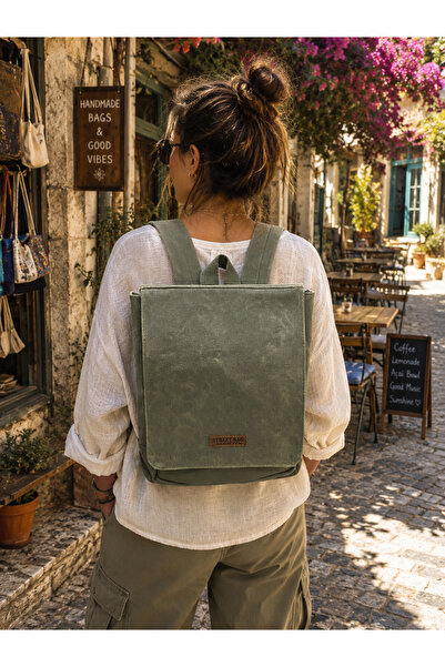 Street Bag Mumlu Kanvas Çok bölmeli Su Geçirmez Haki Renk Okul Seyahat Günlük...