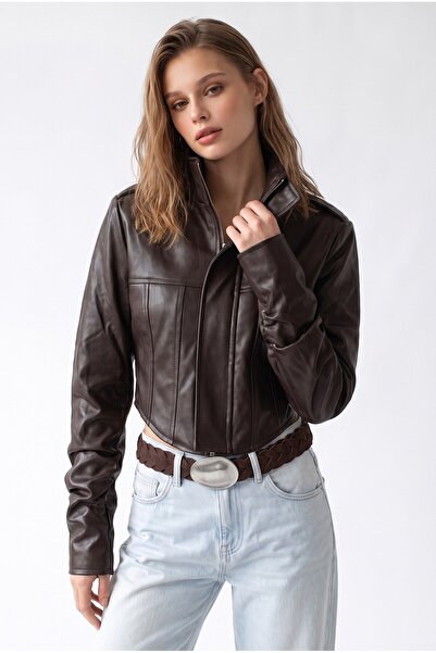 Mixray 2222 Women's Stand Collar Corset Stitched Leather Jacket Brown