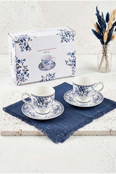 Atbyhome Nihal 2-Person Porcelain Turkish Coffee Cup Set 90 Cc - Blue Floral ...