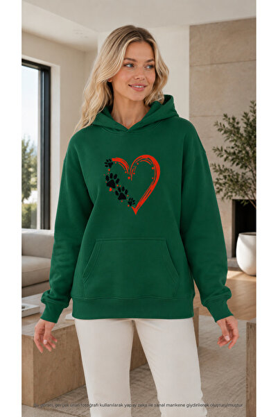 EMMODA Women's Cute Paw Print Heart Graphic Printed Hooded Kangaroo Pocket Ca...