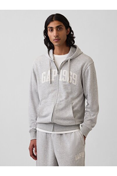 GAP Erkek Gri Fransız Havlu Kumaş Relaxed 1969 Logo Fermuarlı Sweatshirt