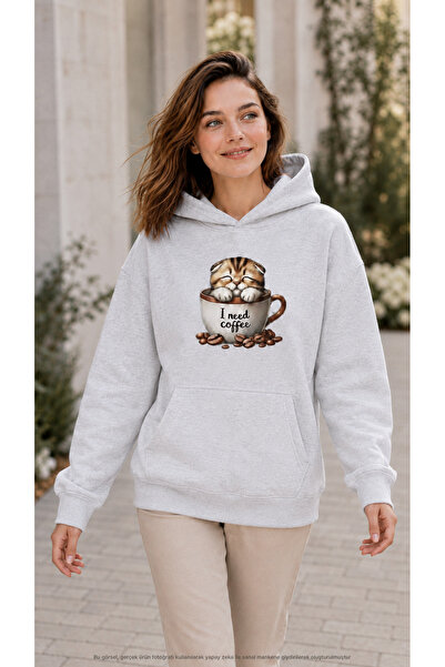 EMMODA Women's Coffee Themed Cat Inside Cup Graphic Printed Hooded Casual Swe...
