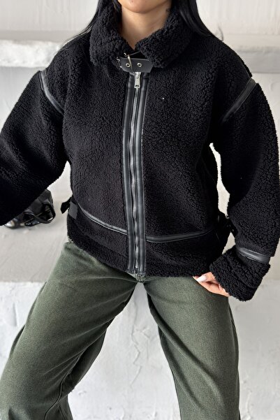 moda armanc Kadın Deri Şeritli Dik Yaka Peluş Ceket - Oversize Teddy Biker Mont