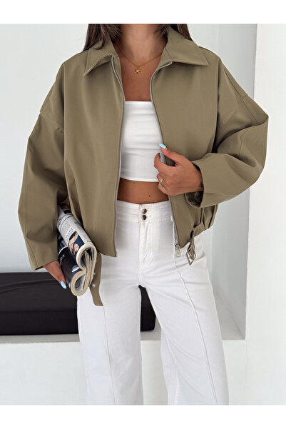 RosePearl Kadın Fermuarlı Düşük Omuz Oversize Bomber Ceket
