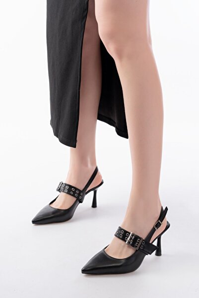 Zerenyus Zri̇n-260 Premium Black Daily Open Back Heeled Shoes with Buckle 9 cm