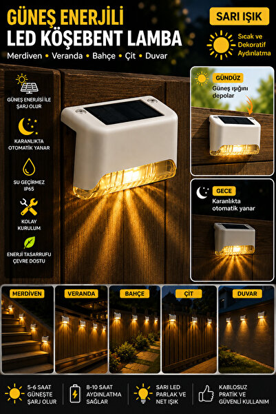 MOBEE Solar Güneş Enerjili Beyaz Köşebent Merdiven Veranda Bahçe LED Lamba Dekoratif Dış Mekan Aydınlatma