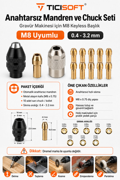 Ticisoft Gravür Makinesi M8 Anahtarsız Mandren ve Chuck Seti 0.4-3.2 mm 10 Ko...