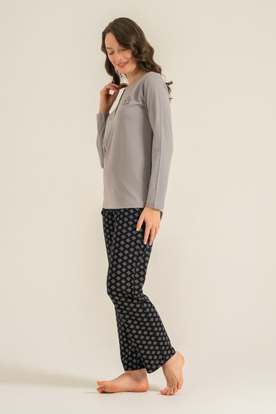 Pierre Cardin Women's Gray Modal Round Buttoned Collar Black Pajama Set, Combed Cotton Modal Pajama Set, 50% Cotton 50% Modal