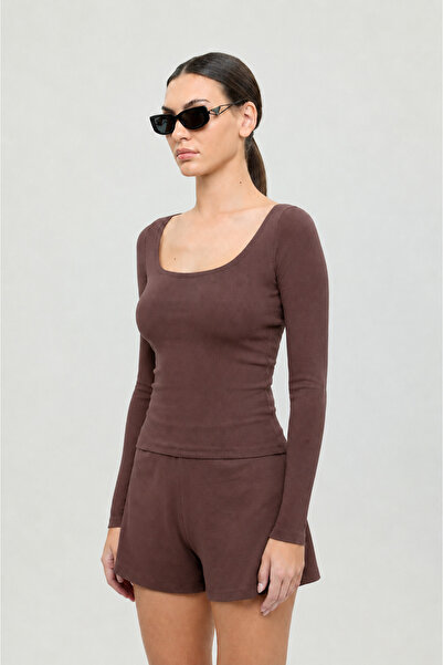 SHEISMONO Soft Rib Oval Yaka Bluz Kahverengi