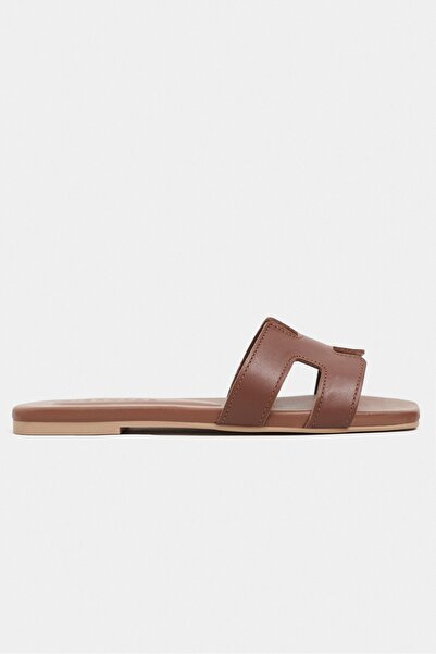 NİŞANTAŞI SHOES Mavora Tan Matte Leather H Band Women's Slippers