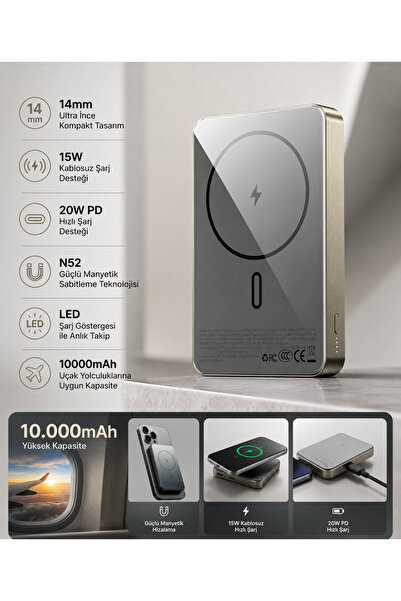 Genel Markalar Premium 10.000 mAh Manyetik Kablosuz Powerbank Gold – 15W Wire...