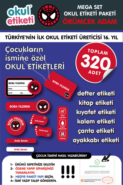 OKUL ETİKETİ BASKI MEGA ÖRÜMCEK ADAM TEMALI PAKET İSME ÖZEL OKUL ETİKETİ / ST...