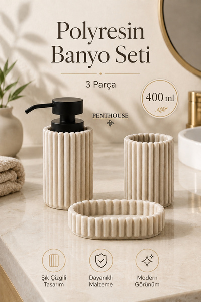 Penthouse 3 Parça Polyresin Banyo Seti Sıvı Sabunluk, Diş Fırçalık ve Katı Sa...