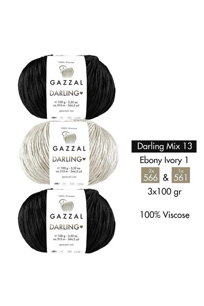 Gazzal Darling Mix 13 - 100% Viscose Yarn 3-Color Combination – Ebony Ivory 1...