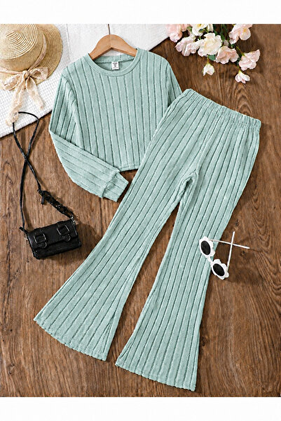 cc collection Girl's Crew Neck Ribbed Top and Spanish-Cut Pants Set