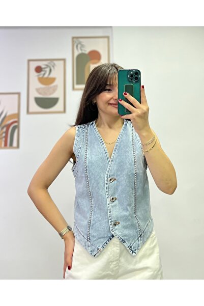 bydenizcollection Silver Beaded Detailed Denim Vest with Two Side Pockets