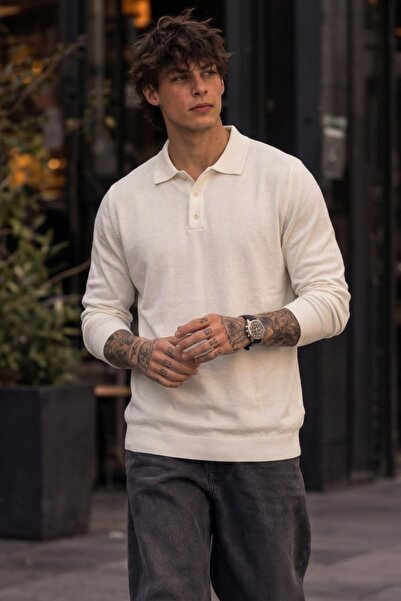 COMBİNE MİCHAİL Men's Shiny Pocketless Plain Pattern White Sweater