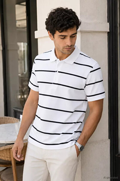 TOZLU Men's polo collar striped patterned t-shirt