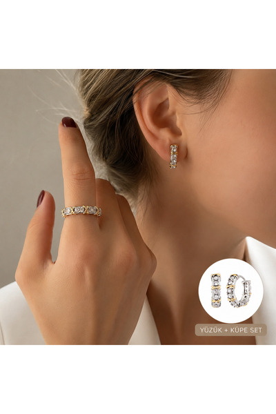 Alsem Store Gold Gümüş Detaylı Baget Taşlı Tamtur Yüzük ve Küpe Seti , Sevgil...