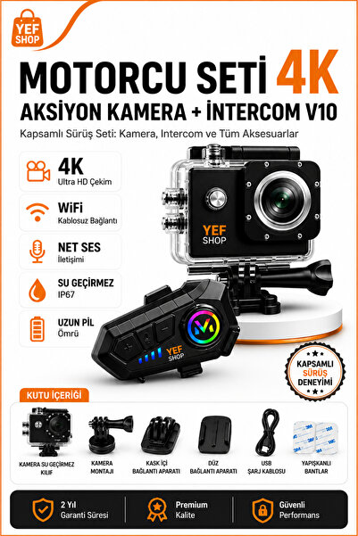 YEF SHOP Motorcu Seti 4K Aksiyon Kamera + V10 Intercom Kask İçi Bluetooth Kam...