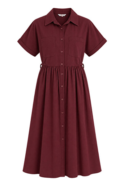 Buket Teke Plum Gabardine Short Sleeve Shirt Dress