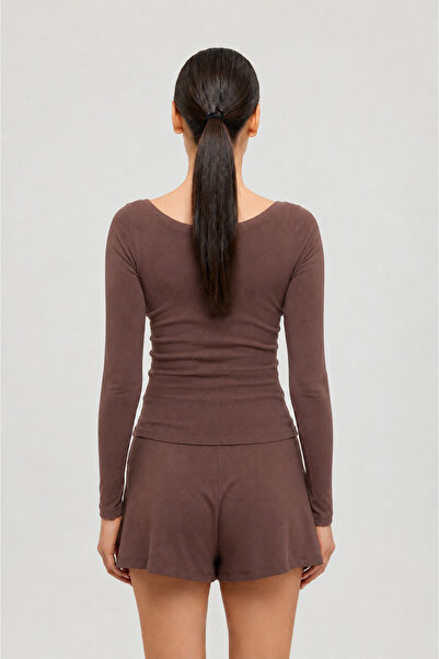 SHEISMONO Soft Rib Oval Yaka Bluz Kahverengi