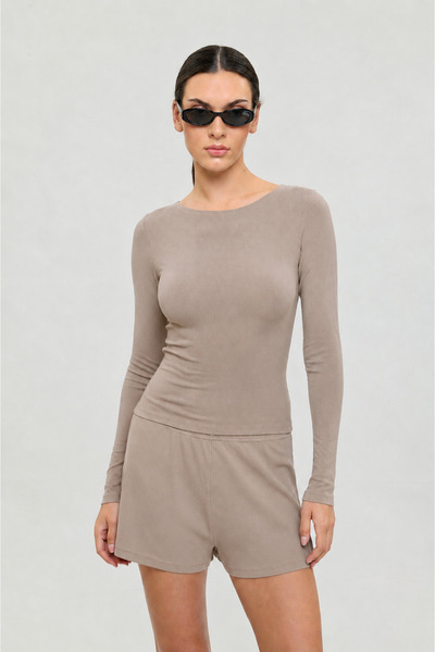 SHEISMONO Soft Rib Boat Neck Blouse Mink