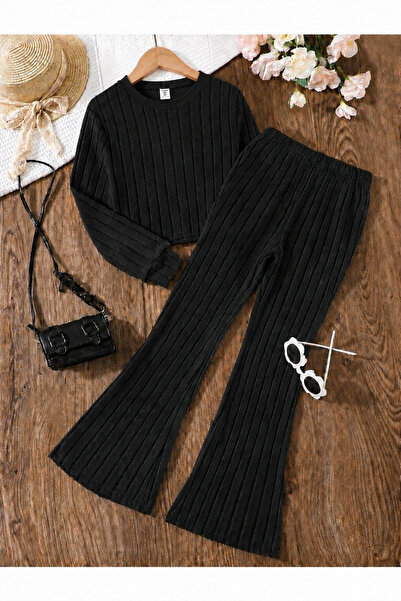 cc collection Girl's Crew Neck Ribbed Top and Spanish-Cut Pants Set