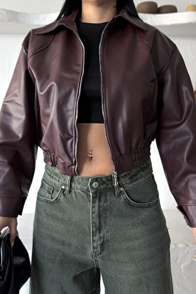 moda armanc Kadın Oversize Crop Suni Deri Bomber Ceket