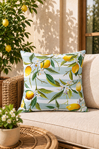 ASDİVA Lemon Patterned Blue and White Striped Decorative Throw Pillow Cover –...