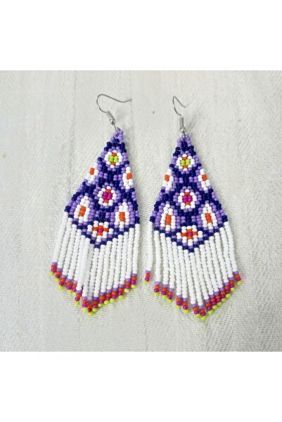 El Yapımı Boncuk İşi Mor Kilim Desenli Uzun Püsküllü Küpe 3,5x8cm