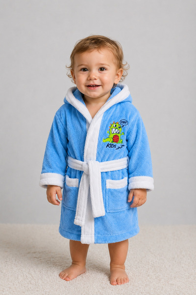 İQON Children's Hooded Bathrobe 100% Cotton – Dinosaur (1 Year Old/ 74 cm)