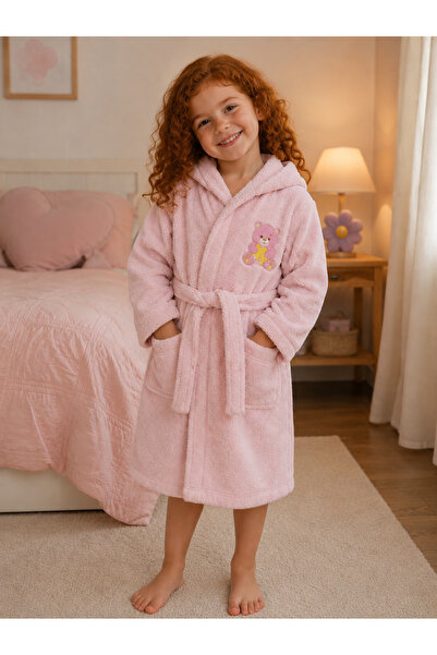 İQON Hooded Children's Bathrobe 100% Cotton – Teddy Bear Heart Pink (5-6 Year...