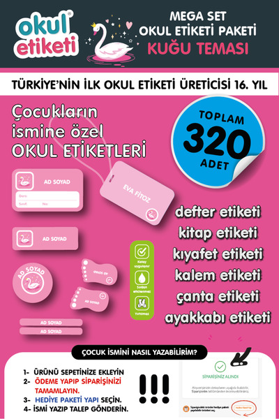 OKUL ETİKETİ BASKI MEGA KUĞU TEMALI PAKET İSME ÖZEL OKUL ETİKETİ / STICKER TO...