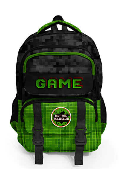 Glanart 5 bölümlü içi full astarlı su geçirmez ilköğretim çantası (beslenme+kalemlik) set 1 adet game yeşil