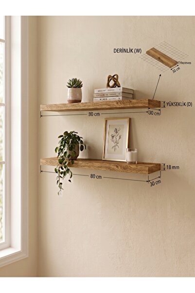 woodline 2'Lİ DUVAR RAFI 80X30 AHŞAP DESENLİ MDF (ÜRÜN SADECE RAF İÇERİR)