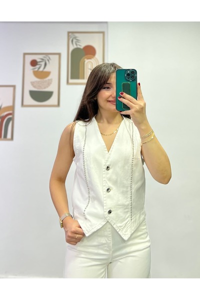 bydenizcollection Silver Beaded Detailed Denim Vest with Two Side Pockets