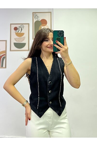 bydenizcollection Silver Beaded Detailed Denim Vest with Two Side Pockets