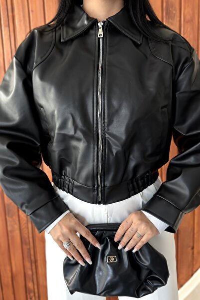moda armanc Kadın Oversize Crop Suni Deri Bomber Ceket