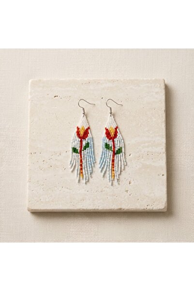 El Yapımı Boncuk İşi Turuncu Lale-2 Desenli Uzun Püsküllü Küpe 2,5x8,5cm