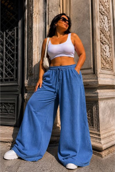 nd jeans 44-52 Ara Beden %100 Kot Beli Lastikli Oversize Bol Paça Pantolon – Yumuşak Dokulu Rahat Kesim Jean