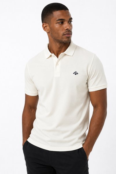 Mesh Men's Ecru Polo Collar T-Shirt 100% Cotton Pique Fabric Regular Fit Short Sleeve Mountain Embroidery