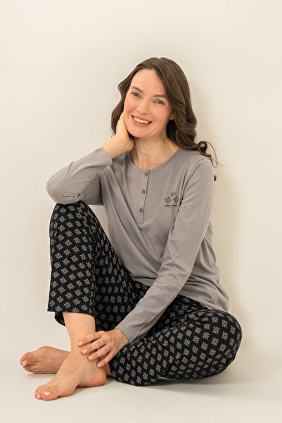 Pierre Cardin Women's Gray Modal Round Buttoned Collar Black Pajama Set, Comb...