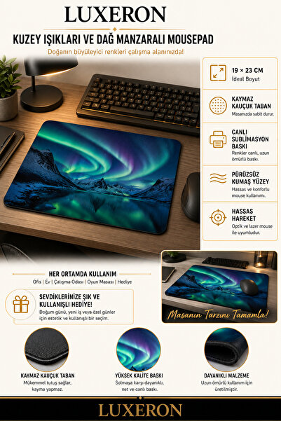 LUXERON Kuzey Işıkları Desenli Mousepad - 19x23 Cm Kaymaz Kauçuk Taban - KZY-001