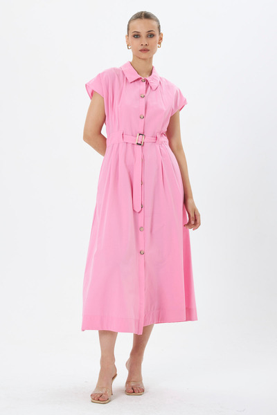 MY GRS Tricoton Dress with Shirt Collar, Front Tie Detail, Full Buttons