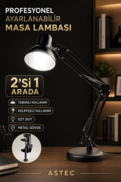 ASTEC Siyah Akrobat Mimar Masa Lambası 2’si 1 Arada Tabanlı Kelepçeli Ayarlan...